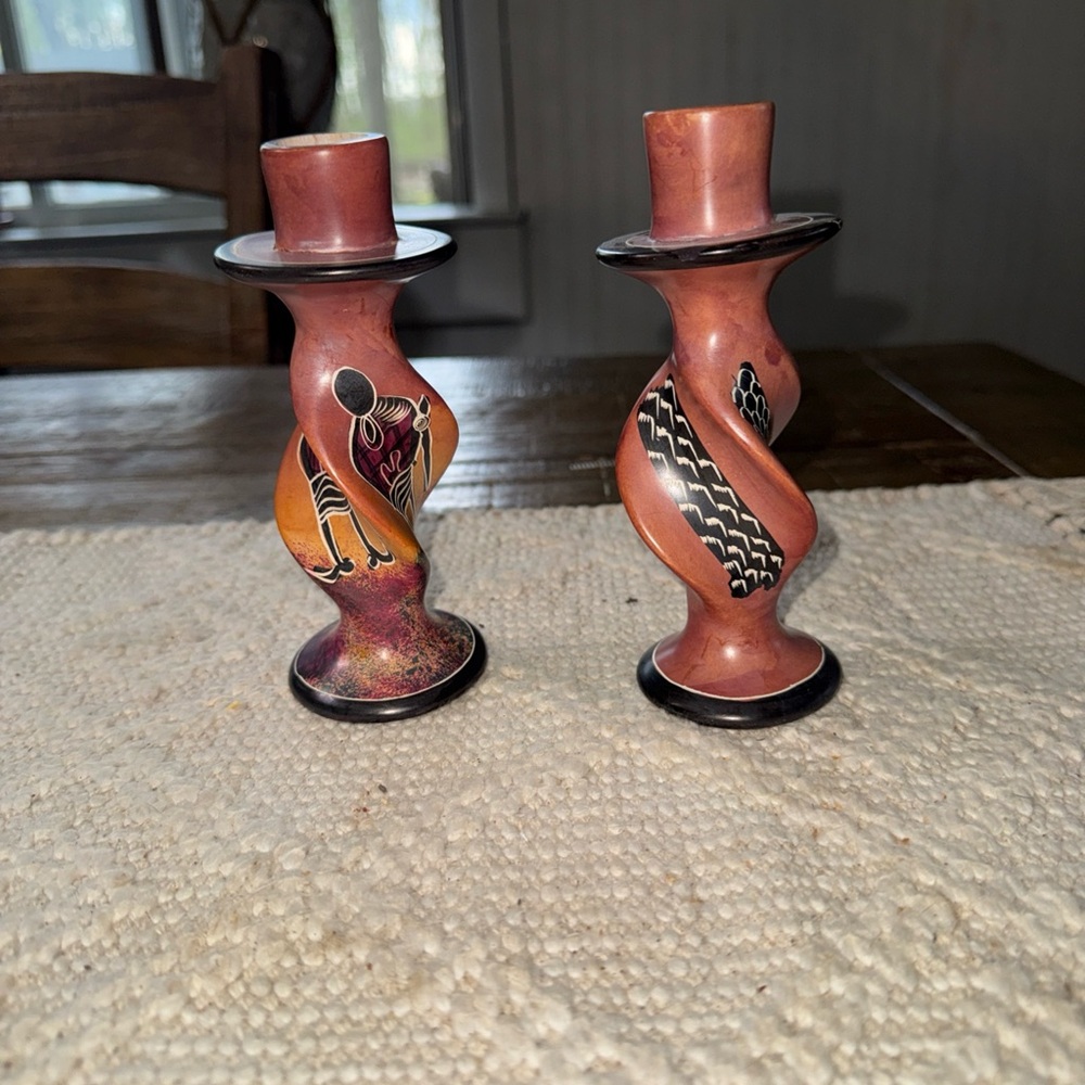Vintage Hand Carved African Hand-Painted Copper-Tone Twisted Candlestick Pair